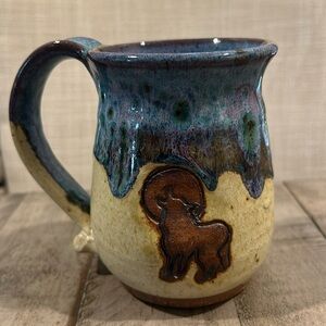 Vintage Drip Glazed Pottery Mug OOAK Wolf Image Hand Crafted Artist Signed